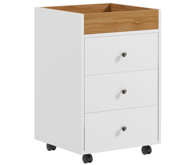 Conforama HOMCOM Cajonera de Oficina Mueble Archivador con 4 Ruedas 3 Cajones y 1 Bandeja Extraíble Carga 30 kg para Estudio Salón 43x40x66 5 cm Blanco y Natural