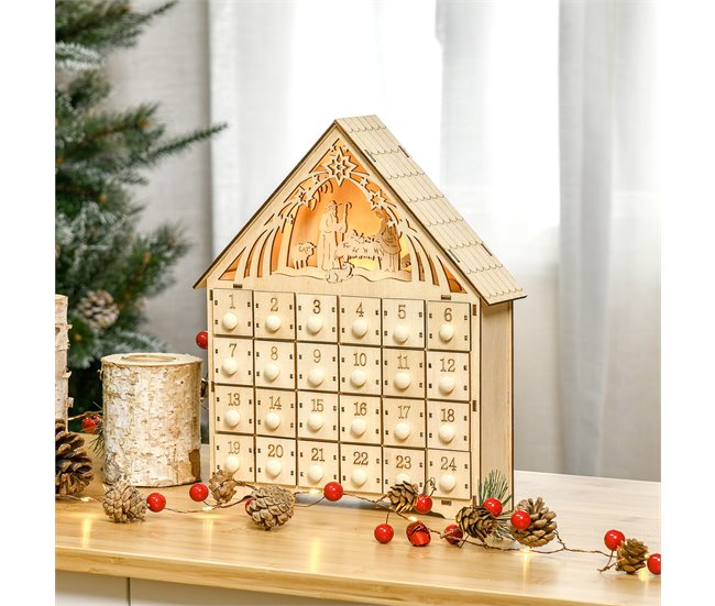 Conforama HOMCOM Calendario De Adviento De Madera Con Luces Calendario De Navidad Con 24 Cajas De Cuenta Regresiva Decoración Navideña Para Rellenar 26 6x6x30 Cm Natural