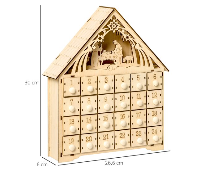 Conforama HOMCOM Calendario De Adviento De Madera Con Luces Calendario De Navidad Con 24 Cajas De Cuenta Regresiva Decoración Navideña Para Rellenar 26 6x6x30 Cm Natural