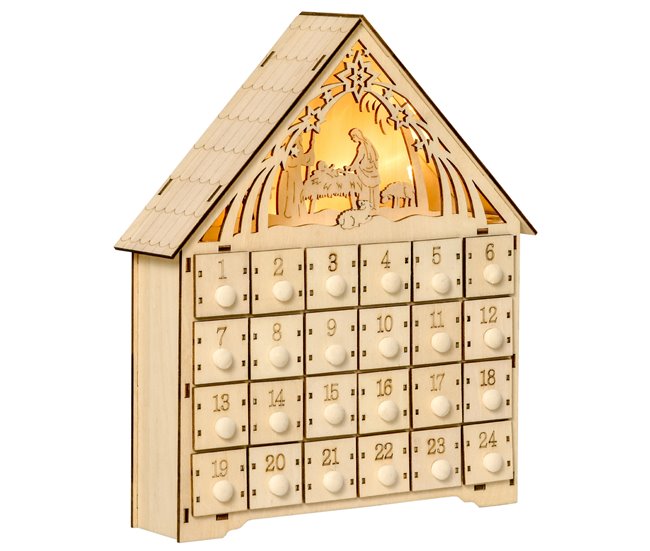 Conforama HOMCOM Calendario De Adviento De Madera Con Luces Calendario De Navidad Con 24 Cajas De Cuenta Regresiva Decoración Navideña Para Rellenar 26 6x6x30 Cm Natural