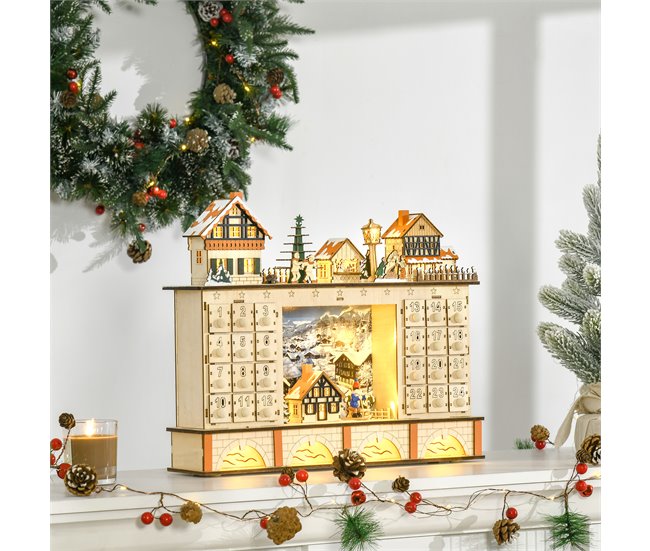 Conforama HOMCOM Calendario De Adviento Para Llenar Calendario De Adviento De Madera Con Luces Y 24 Cajones De Cuenta Regresiva Juguetes Para Niños Y Adultos 44x10x37 Cm Natural