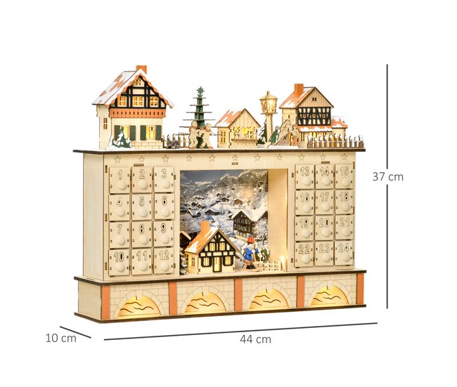 Conforama HOMCOM Calendario De Adviento Para Llenar Calendario De Adviento De Madera Con Luces Y 24 Cajones De Cuenta Regresiva Juguetes Para Niños Y Adultos 44x10x37 Cm Natural