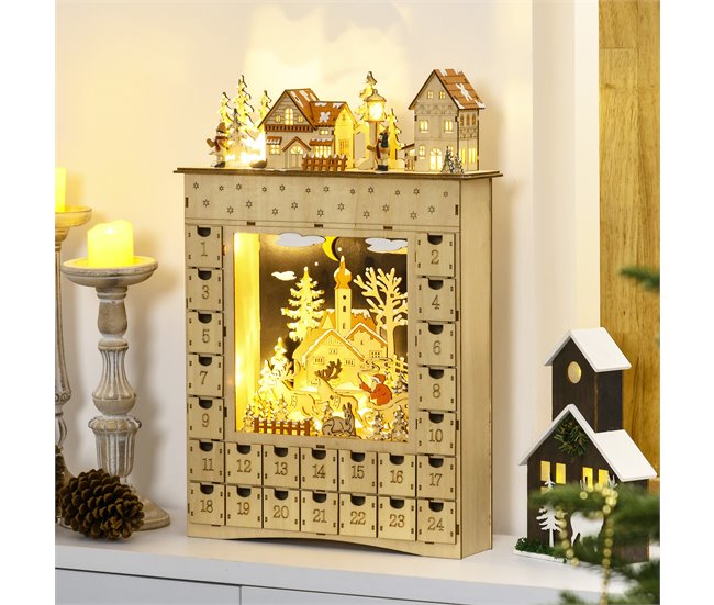 Conforama HOMCOM Calendario De Adviento Para Llenar Con Iluminación LED Y 24 Cajones Cuenta Regresiva Calendario De Adviento De Madera De Navidad Decoración En Mesa 36x9x52 Cm Natural