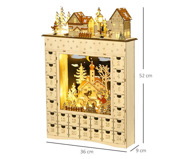 Conforama HOMCOM Calendario De Adviento Para Llenar Con Iluminación LED Y 24 Cajones Cuenta Regresiva Calendario De Adviento De Madera De Navidad Decoración En Mesa 36x9x52 Cm Natural