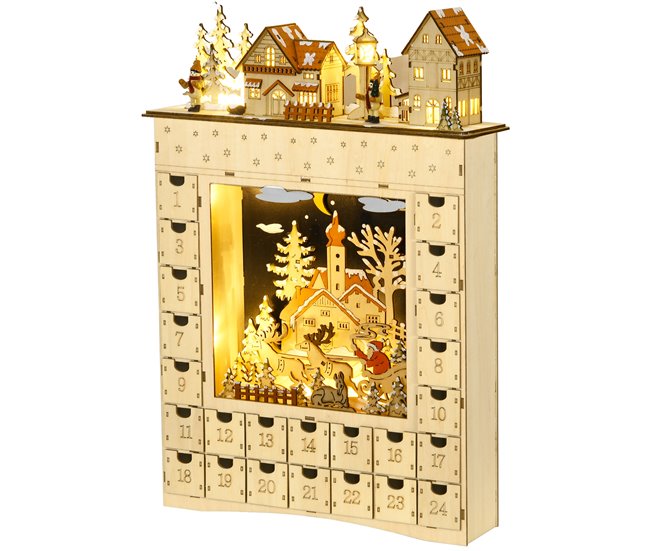 Conforama HOMCOM Calendario de Adviento para Llenar con Iluminación LED y 24 Cajones Cuenta Regresiva Calendario de Adviento de Madera de Navidad Decoración en Mesa 36x9x52 cm Natural