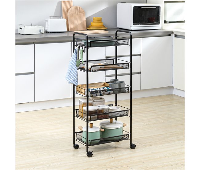 Conforama HOMCOM Carrito Auxiliar Con Ruedas Carrito De Cocina De 5 Niveles Con Cestas De Malla Extraíbles Y Marco De Acero Para Salón Baño Comedor Oficina 45x26 5x106 Cm Negro