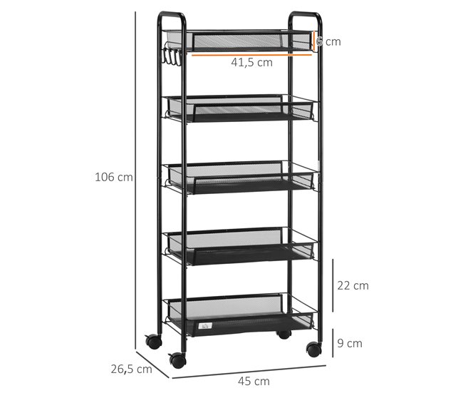 Conforama HOMCOM Carrito Auxiliar Con Ruedas Carrito De Cocina De 5 Niveles Con Cestas De Malla Extraíbles Y Marco De Acero Para Salón Baño Comedor Oficina 45x26 5x106 Cm Negro