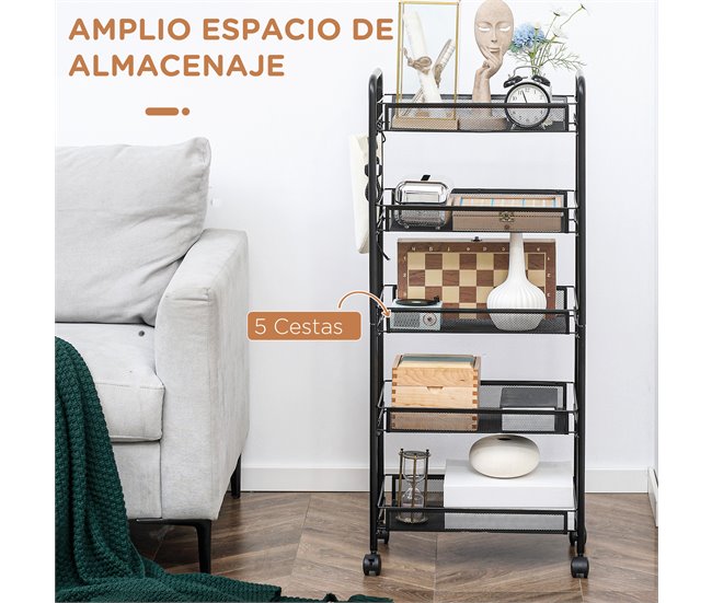 Conforama HOMCOM Carrito Auxiliar Con Ruedas Carrito De Cocina De 5 Niveles Con Cestas De Malla Extraíbles Y Marco De Acero Para Salón Baño Comedor Oficina 45x26 5x106 Cm Negro