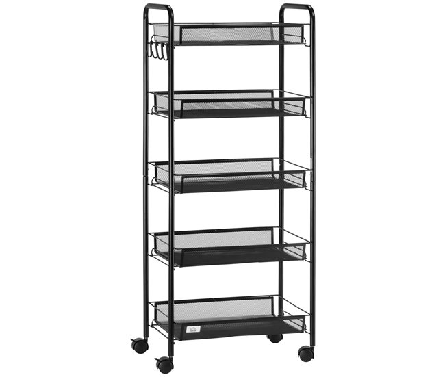Conforama HOMCOM Carrito Auxiliar con Ruedas Carrito de Cocina de 5 Niveles con Cestas de Malla Extraíbles y Marco de Acero para Salón Baño Comedor Oficina 45x26 5x106 cm Negro