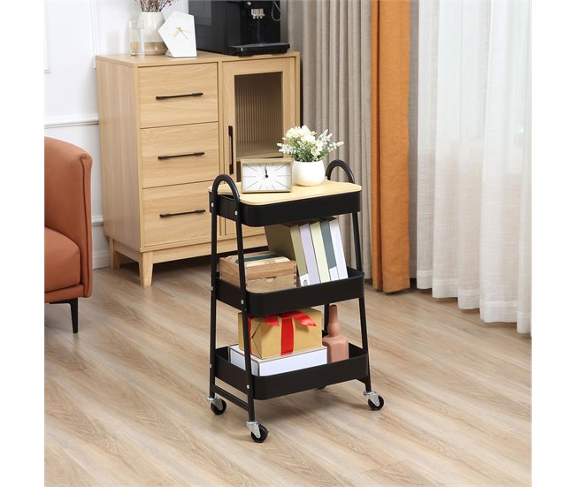 Conforama HOMCOM Carrito Auxiliar Con Ruedas De 3 Niveles Carrito De Cocina Con 3 Cestas De Acero Y 1 Placa De Cubierta Para Comedor Sala Baño 45x31x79 4 Cm Negro