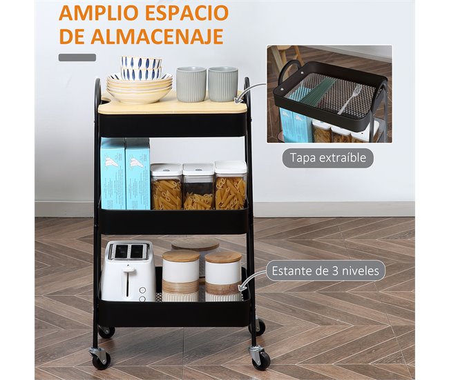 Conforama HOMCOM Carrito Auxiliar Con Ruedas De 3 Niveles Carrito De Cocina Con 3 Cestas De Acero Y 1 Placa De Cubierta Para Comedor Sala Baño 45x31x79 4 Cm Negro