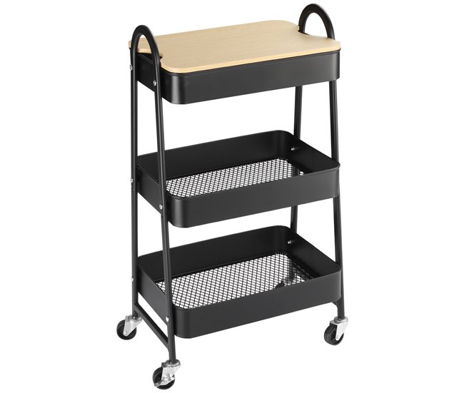 Conforama HOMCOM Carrito Auxiliar con Ruedas de 3 Niveles Carrito de Cocina con 3 Cestas de Acero y 1 Placa de Cubierta para Comedor Sala Baño 45x31x79 4 cm Negro