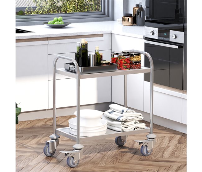 Conforama HOMCOM Carrito Auxiliar Con Ruedas De Acero Inoxidable Carrito De Cocina Con Bandejas Y 2 Brazos Para Comedor Salón 70 5x40 5x81 Cm Plata