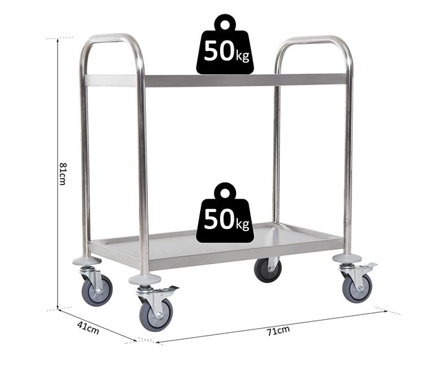 Conforama HOMCOM Carrito Auxiliar Con Ruedas De Acero Inoxidable Carrito De Cocina Con Bandejas Y 2 Brazos Para Comedor Salón 70 5x40 5x81 Cm Plata