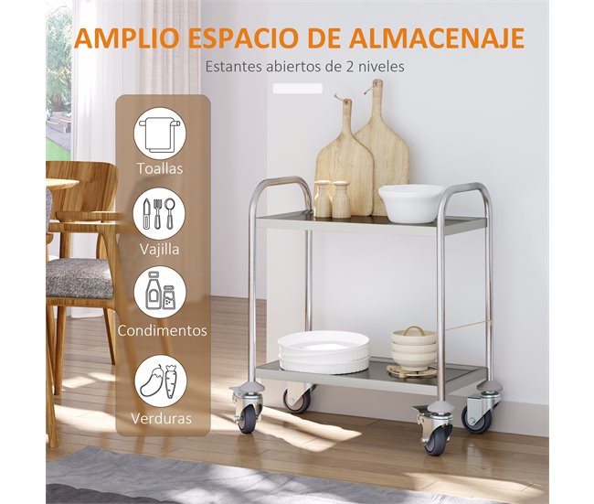 Conforama HOMCOM Carrito Auxiliar Con Ruedas De Acero Inoxidable Carrito De Cocina Con Bandejas Y 2 Brazos Para Comedor Salón 70 5x40 5x81 Cm Plata