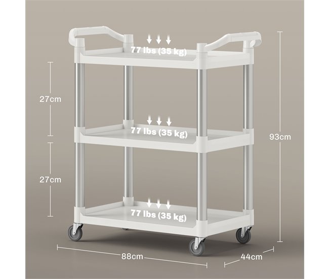 Conforama HOMCOM Carrito Auxiliar Con Ruedas De Aleación De Aluminio Carrito De Cocina De 3 Niveles Carrito De Almacenamiento Carga 105 Kg Para Comedor Sala Baño 88x44x93 Cm Blanco