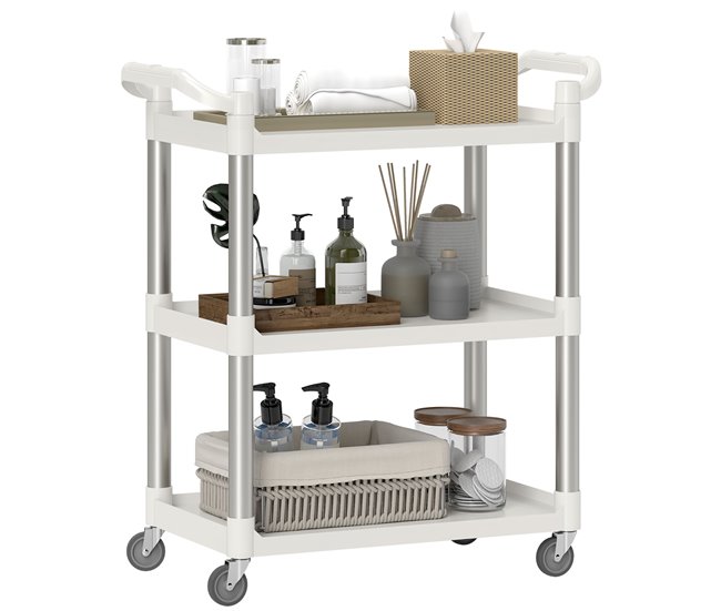 Conforama HOMCOM Carrito Auxiliar con Ruedas de Aleación de Aluminio Carrito de Cocina de 3 Niveles Carrito de Almacenamiento Carga 105 kg para Comedor Sala Baño 88x44x93 cm Blanco