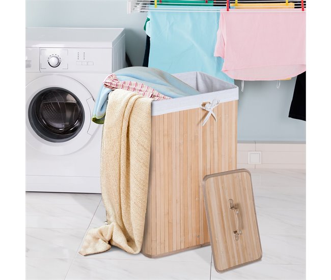 Conforama HOMCOM Cesto Para Ropa Sucia Plegable Con Tapa Cubo Para Colada Cesta De Lavandería Rectangular Bambú 70L Con Asas 40x30x60cm