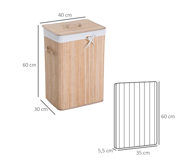 Conforama HOMCOM Cesto Para Ropa Sucia Plegable Con Tapa Cubo Para Colada Cesta De Lavandería Rectangular Bambú 70L Con Asas 40x30x60cm
