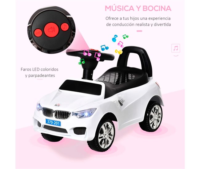 Conforama HOMCOM Coche Correpasillos Para Niños De 18-36 Meses Con Faros Música Bocina Volante Espacio De Almacenaje Y Asa Para Empujar 63 5x28x36 Cm Blanco