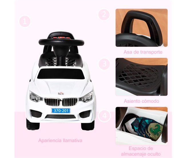 Conforama HOMCOM Coche Correpasillos Para Niños De 18-36 Meses Con Faros Música Bocina Volante Espacio De Almacenaje Y Asa Para Empujar 63 5x28x36 Cm Blanco