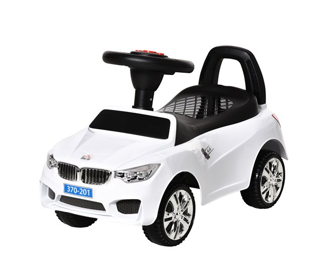 Conforama HOMCOM Coche Correpasillos para Niños de 18-36 Meses con Faros Música Bocina Volante Espacio de Almacenaje y Asa para Empujar 63 5x28x36 cm Blanco