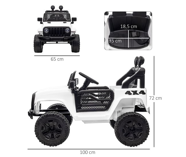 Conforama HOMCOM Coche Eléctrico Para Niños De +3 Años Vehículo Todoterreno De Batería 12V Con 2 Motores Control Remoto 2 4G Faros Bocina Velocidad Ajustable Carga 30 Kg 100x65x72 Cm Blanco