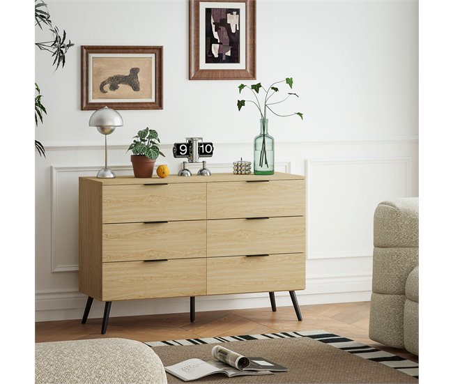 Conforama HOMCOM Cómoda Con 6 Cajones Cómoda Para Dormitorio Moderno Con Diseño Anti-vuelco Cajonera Para Salón Pasillo 110x40x75 Cm Roble