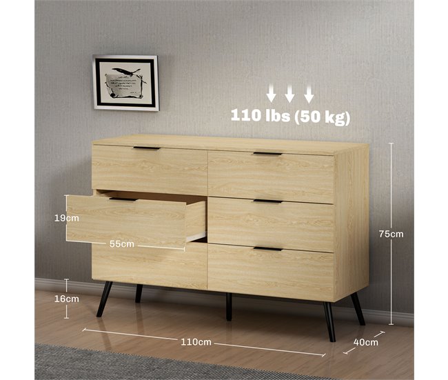 Conforama HOMCOM Cómoda Con 6 Cajones Cómoda Para Dormitorio Moderno Con Diseño Anti-vuelco Cajonera Para Salón Pasillo 110x40x75 Cm Roble