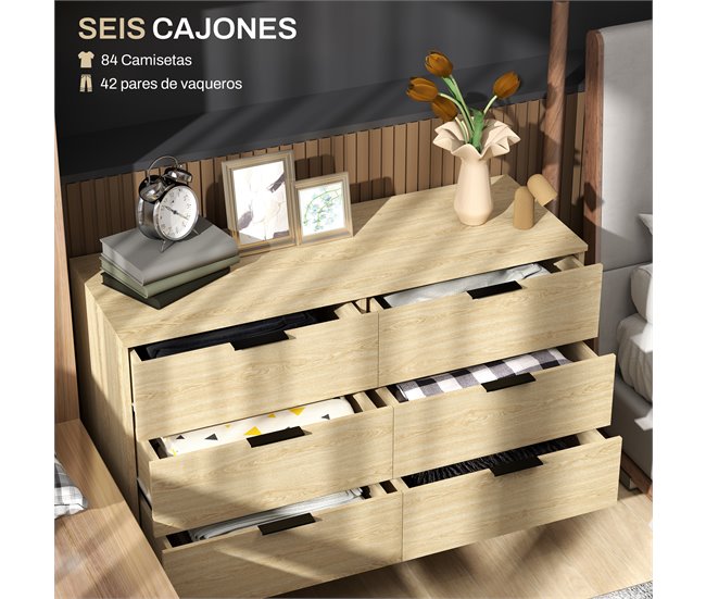Conforama HOMCOM Cómoda Con 6 Cajones Cómoda Para Dormitorio Moderno Con Diseño Anti-vuelco Cajonera Para Salón Pasillo 110x40x75 Cm Roble