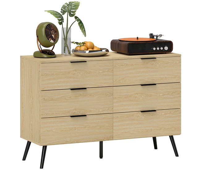 Conforama HOMCOM Cómoda con 6 Cajones Cómoda para Dormitorio Moderno con Diseño Anti-vuelco Cajonera para Salón Pasillo 110x40x75 cm Roble