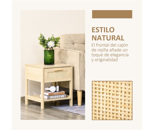 Conforama HOMCOM Conjunto 2 Mesitas De Noche Mesillas De Noche Con Cajón De Ratán Y Estante Inferior Carga 40 Kg Para Dormitorio Sala 40x40x48 Cm Natural
