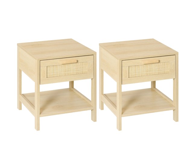 Conforama HOMCOM Conjunto 2 Mesitas de Noche Mesillas de Noche con Cajón de Ratán y Estante Inferior Carga 40 kg para Dormitorio Sala 40x40x48 cm Natural