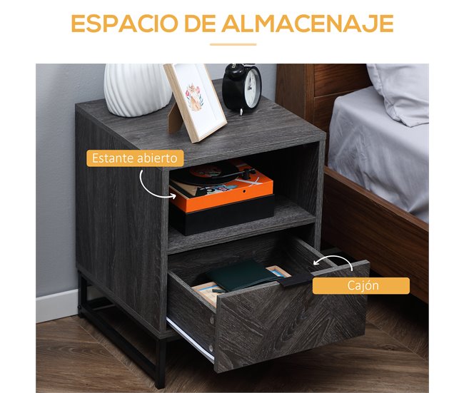 Conforama HOMCOM Conjunto De 2 Mesitas De Noche Mesillas De Noche Con 1 Cajón Estante Abierto Y Patas De Acero Estilo Industrial Para Dormitorio Salón Oficina 40x40x52 Cm Gris Oscuro