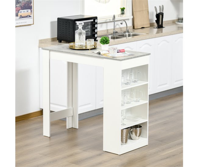Conforama HOMCOM Conjunto De 2 Taburetes De Bar Con Altura Regulable Y Asiento Giratoria Y Mesa De Bar Con Estantería De 4 Niveles Para Salón Comedor Cocina 41x51x97-117 Cm 115x50x102 7 Cm Blanco Y Gris