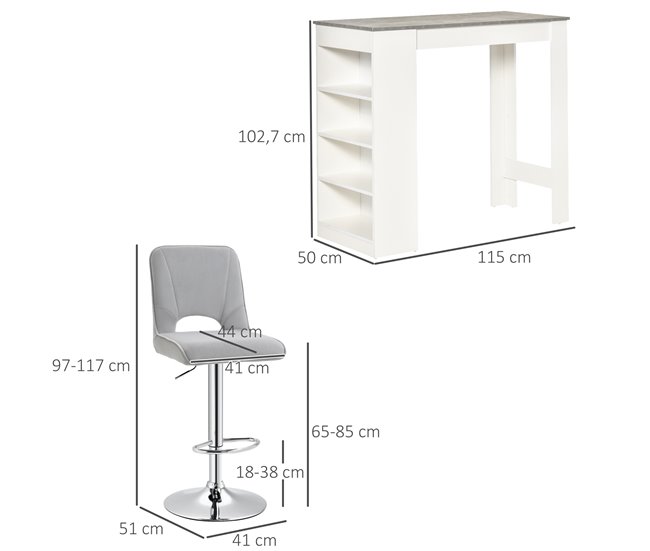 Conforama HOMCOM Conjunto De 2 Taburetes De Bar Con Altura Regulable Y Asiento Giratoria Y Mesa De Bar Con Estantería De 4 Niveles Para Salón Comedor Cocina 41x51x97-117 Cm 115x50x102 7 Cm Blanco Y Gris