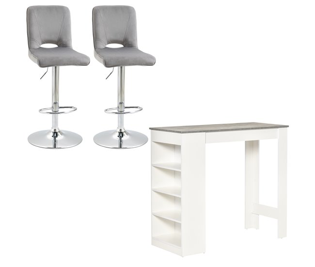 Conforama HOMCOM Conjunto de 2 Taburetes de Bar con Altura Regulable y Asiento Giratoria y Mesa de Bar con Estantería de 4 Niveles para Salón Comedor Cocina 41x51x97-117 cm 115x50x102 7 cm Blanco y Gris