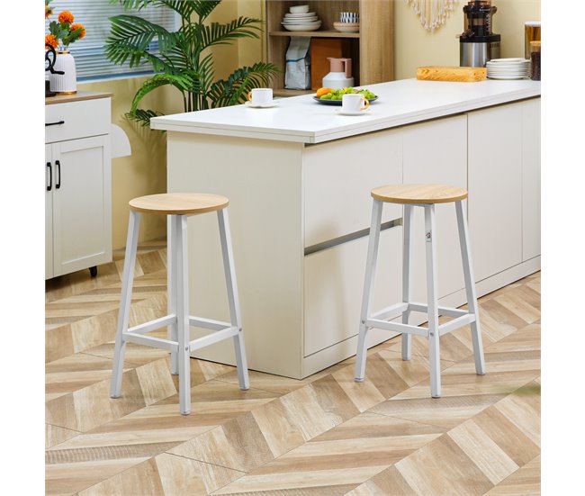 Conforama HOMCOM Conjunto De 4 Taburetes De Bar Taburetes Altos De Cocina Con Patas De Acero Y Reposapiés Carga 75 Kg Para Salón Comedor 32 5x32 5x65 Cm Natural Y Blanco