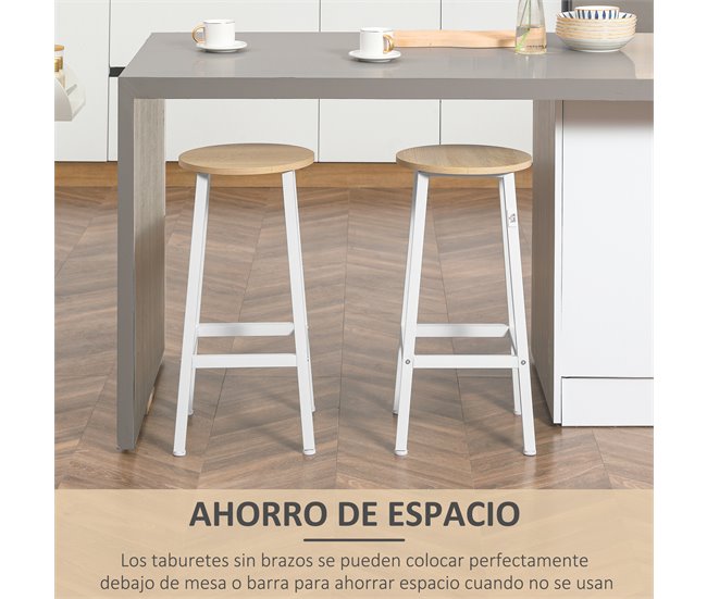 Conforama HOMCOM Conjunto De 4 Taburetes De Bar Taburetes Altos De Cocina Con Patas De Acero Y Reposapiés Carga 75 Kg Para Salón Comedor 32 5x32 5x65 Cm Natural Y Blanco