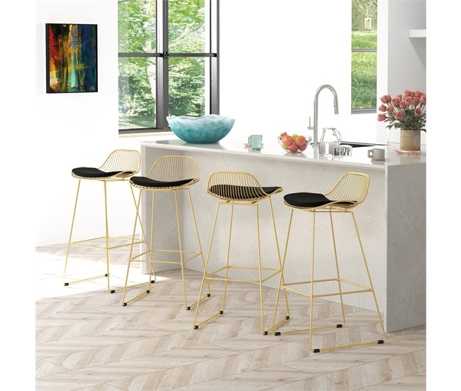 Conforama HOMCOM Conjunto De 4 Taburetes De Bar Taburetes Altos De Cocina Con Cojín De Terciopelo Respaldo Y Reposapiés Estilo Moderno Carga 120 Kg Para Comedor Sala 46 5x48x93 Cm Dorado