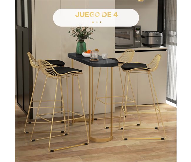 Conforama HOMCOM Conjunto De 4 Taburetes De Bar Taburetes Altos De Cocina Con Cojín De Terciopelo Respaldo Y Reposapiés Estilo Moderno Carga 120 Kg Para Comedor Sala 46 5x48x93 Cm Dorado