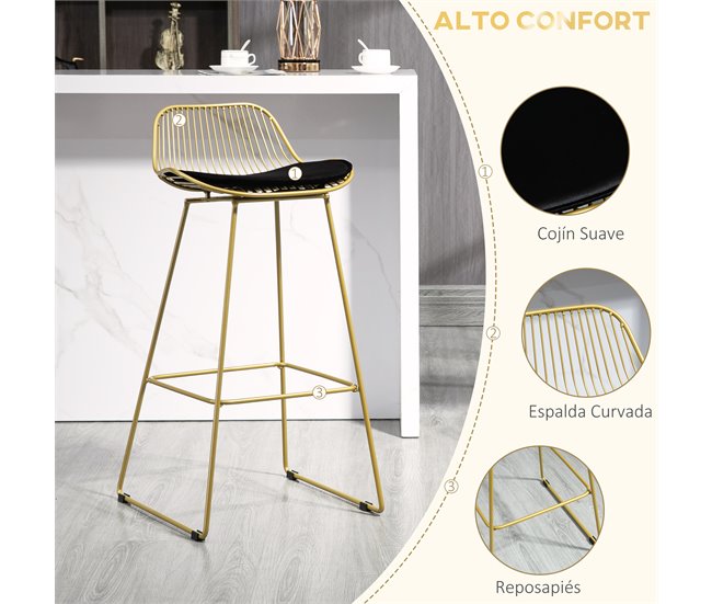 Conforama HOMCOM Conjunto De 4 Taburetes De Bar Taburetes Altos De Cocina Con Cojín De Terciopelo Respaldo Y Reposapiés Estilo Moderno Carga 120 Kg Para Comedor Sala 46 5x48x93 Cm Dorado