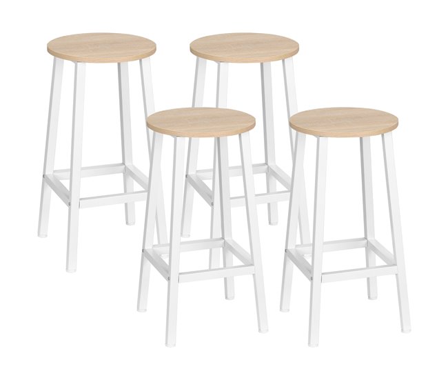 Conforama HOMCOM Conjunto de 4 Taburetes de Bar Taburetes Altos de Cocina con Patas de Acero y Reposapiés Carga 75 kg para Salón Comedor 32 5x32 5x65 cm Natural y Blanco