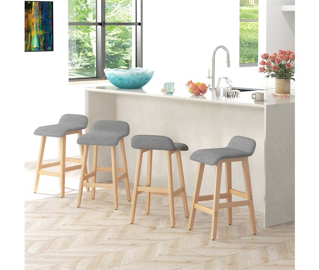 Conforama HOMCOM Conjunto De 4 Taburetes De Bar Tapizado En Lino Sintético Taburetes Altos De Cocina Con Reposapiés Y Patas De Madera Carga 120 Kg 40x41 5x75 5 Cm Gris Y Natural