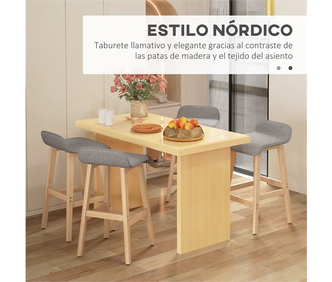 Conforama HOMCOM Conjunto De 4 Taburetes De Bar Tapizado En Lino Sintético Taburetes Altos De Cocina Con Reposapiés Y Patas De Madera Carga 120 Kg 40x41 5x75 5 Cm Gris Y Natural