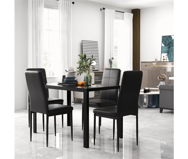 Conforama HOMCOM Conjunto De Comedor De Mesa Y 4 Sillas 5 Piezas Juego De Muebles De Cocina Mesa Rectangular De Vidrio Templado Y Sillas Tapizadas En PU Con Patas De Metal Negro