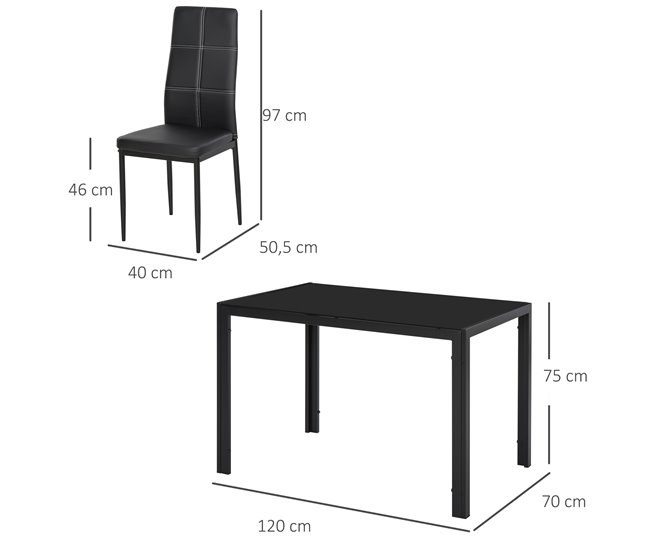 Conforama HOMCOM Conjunto De Comedor De Mesa Y 4 Sillas 5 Piezas Juego De Muebles De Cocina Mesa Rectangular De Vidrio Templado Y Sillas Tapizadas En PU Con Patas De Metal Negro