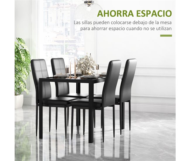 Conforama HOMCOM Conjunto De Comedor De Mesa Y 4 Sillas 5 Piezas Juego De Muebles De Cocina Mesa Rectangular De Vidrio Templado Y Sillas Tapizadas En PU Con Patas De Metal Negro