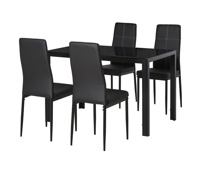 Conforama HOMCOM Conjunto de Comedor de Mesa y 4 Sillas 5 Piezas Juego de Muebles de Cocina Mesa Rectangular de Vidrio Templado y Sillas Tapizadas en PU con Patas de Metal Negro