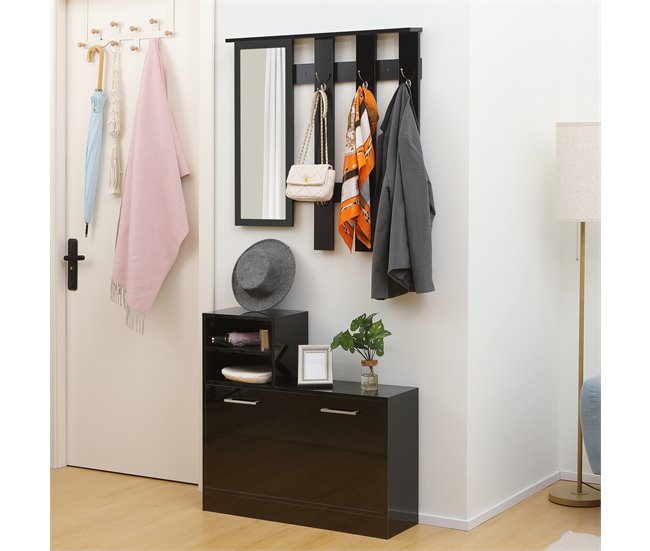 Conforama HOMCOM Conjunto De Recibidor De Entrada Con Espejo Perchero Y Zapatero Muebles De Entrada Con 6 Ganchos Y Estantes Para 8 Pares De Zapatos Para Pasillo Negro Brillante